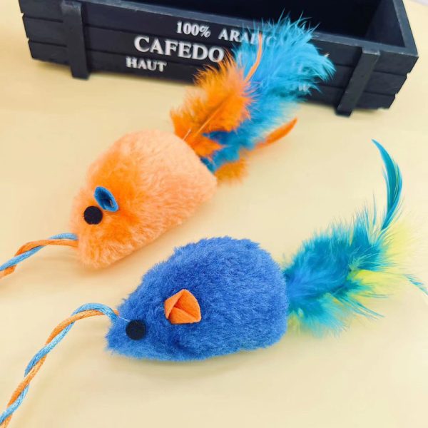 Katze Kuscheltier, PlüschFeder-Maus, Nagen Spielzeug für Katzen mit Hohlglockenkugel, zwei Farben: Orange & Blau – Bild 4