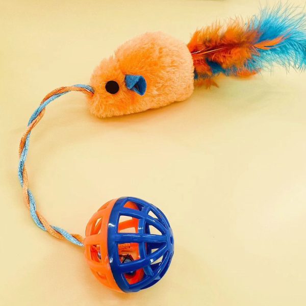 Katze Kuscheltier, PlüschFeder-Maus, Nagen Spielzeug für Katzen mit Hohlglockenkugel, zwei Farben: Orange & Blau – Bild 3