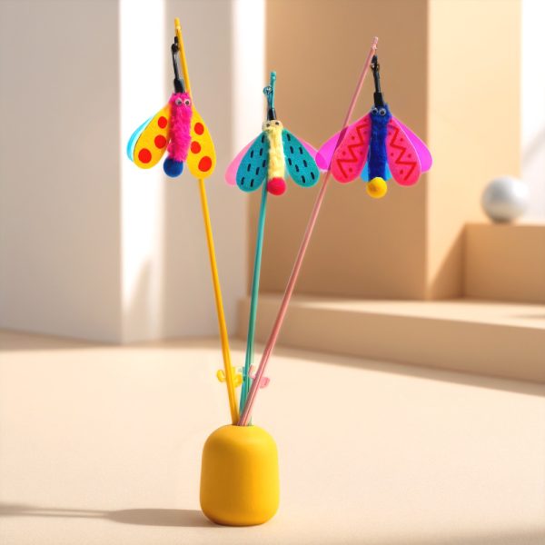 Katze Spielzeug, Katzenangel, Bunte fliegende Insektenform mit Glöckchen, Beißen, Handheld, 49 cm, Drei Farboptionen – Bild 5