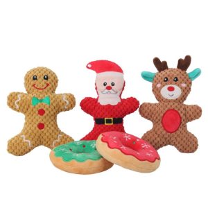 Kuscheltier für Hunde, Weihnachtsserie mit Santa Claus, Rentier, Lebkuchenmann und Donut, Plüschspielzeug mit Geräuschfunktion, Ideal für Hunde jeder Größe