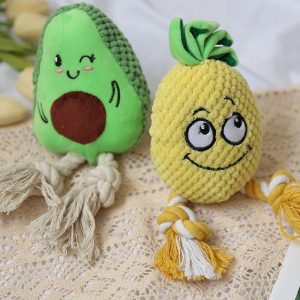 Kuscheltier für den Hund, Ananas und Avocado mit Baumwollseil, haltbares & interaktives Hundespielzeug Quietschen, 3 Stück