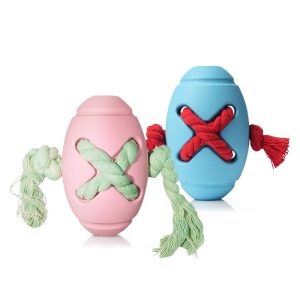 Spielzeug für den Hund, Interaktives Rugbyball aus Gummi, Hund Futterball mit Beißseil für Langsame Fütterung, Zwei Farben