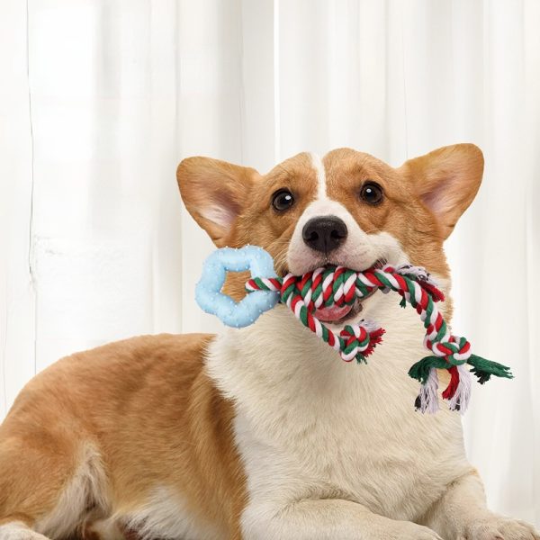 Hundespielzeug, Blaues TRP Blumen-Knoten Kauspielzeug Hund, Weihnachtsfarbenes Ba umwollseil für Interaktive Spiele – Bild 5