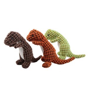 Kuscheltier für den Hund, Plüsch Dinosaurier in Orange, Kaffee und Grün, Hundespielzeug Quietsch für jede Hunderasse, 25 cm lang